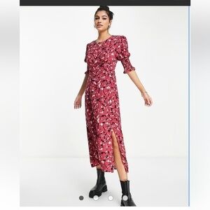 Anthropologie Nobody’s Child Luna Heart Print Puff Sleeve Midi Dress Red Pink 12